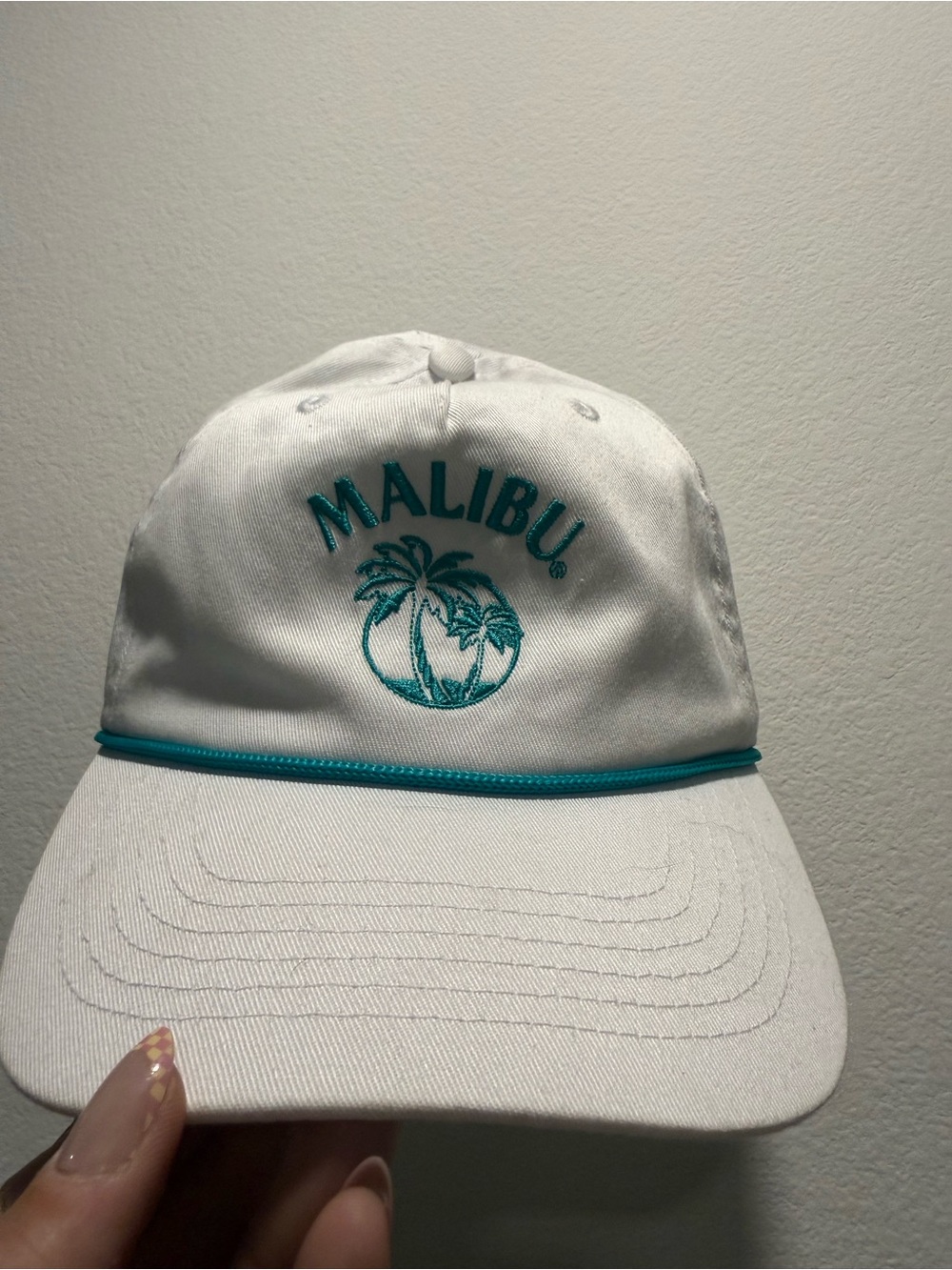 Vintage Malibu White Teal Rope Snapback Hat Palm Tree Coastal Beach Cap